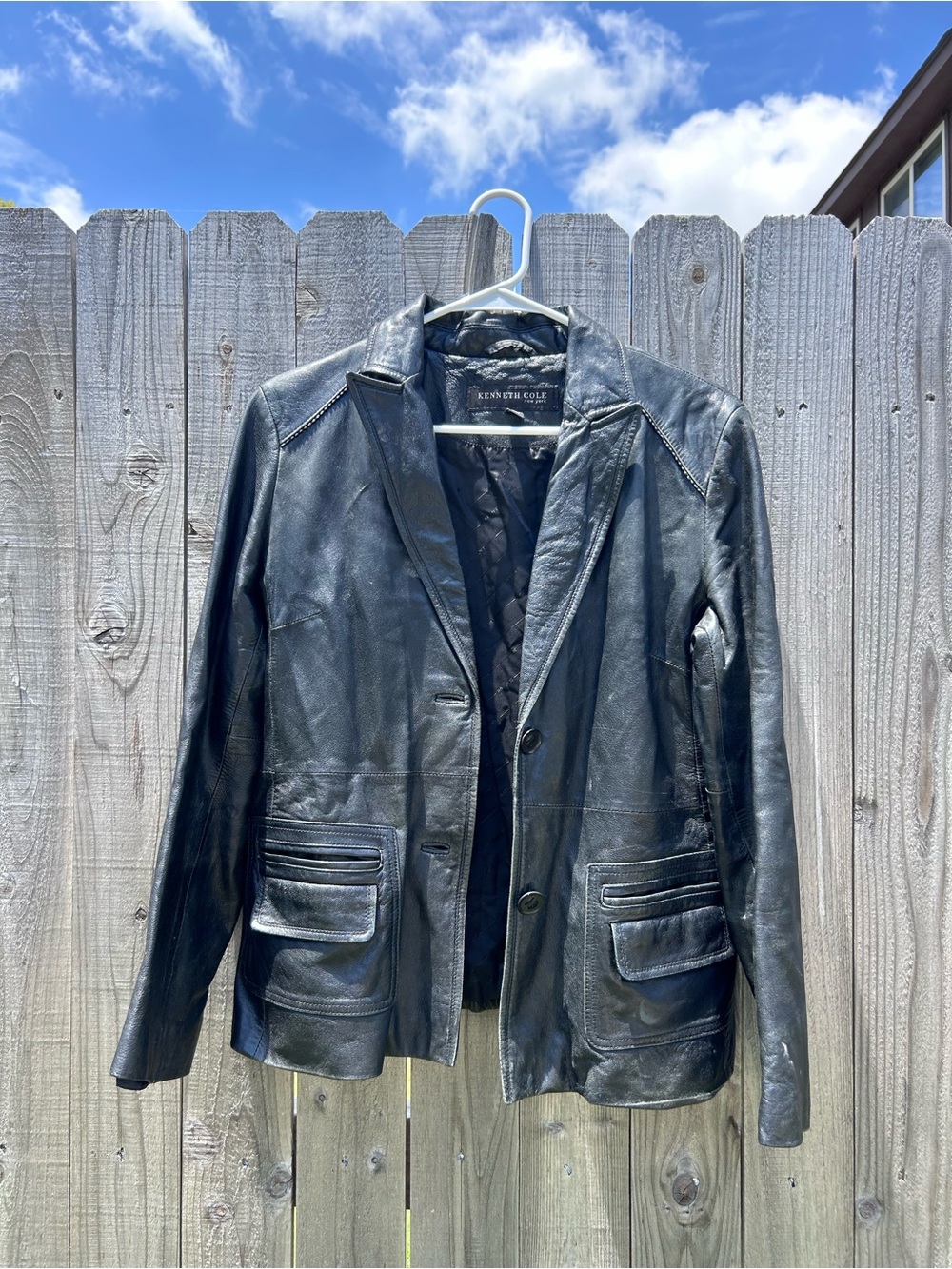 Kenneth Cole Black Leather Blazer with Notch Lapel